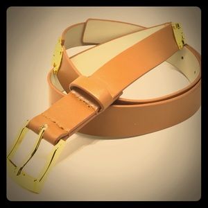 Tahari camel tone belt & gold color accents sz 12